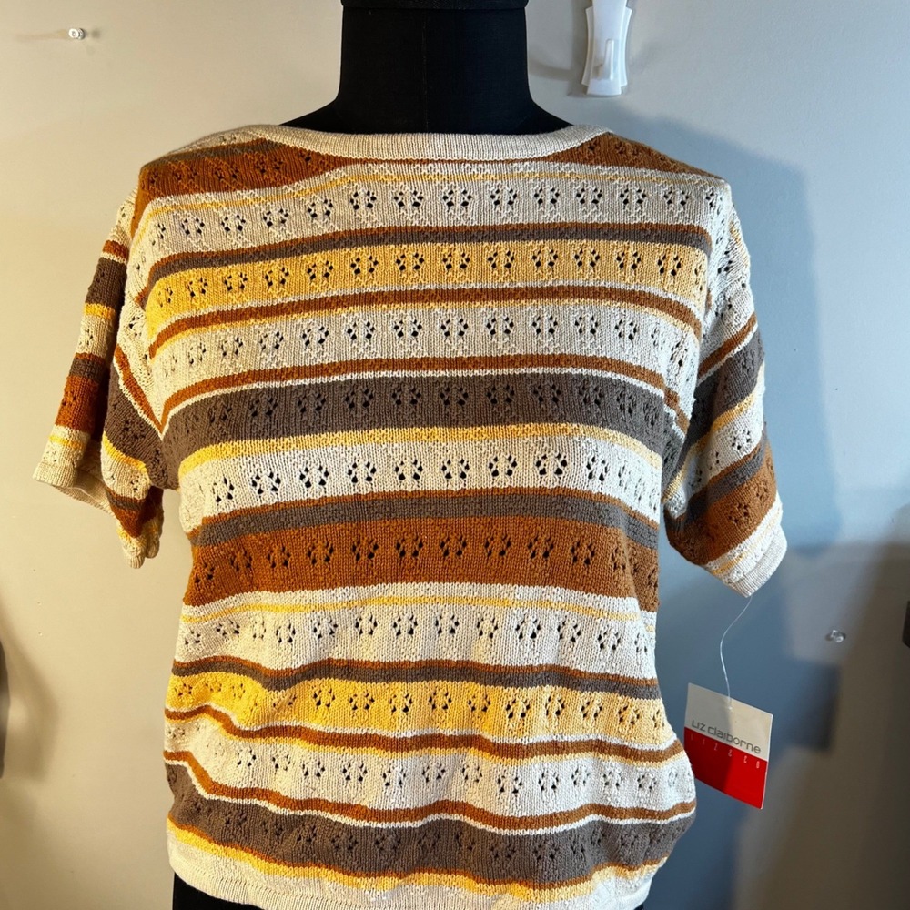 Liz Claiborne Liz & Co Women Large Striped Pointelle Knit Cotton Top NWT Vintage